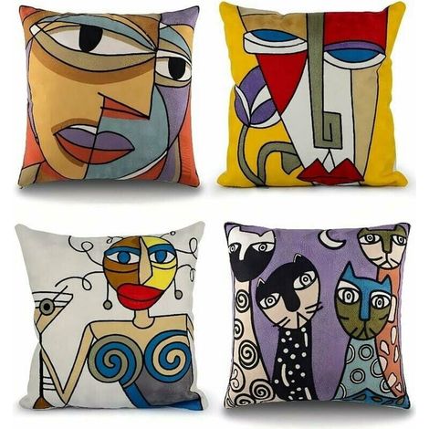 Lot de 4 Housse de Coussin Picasso 45x45 cm Coton Lin Brodé Housses Coussins Canapé Décoration Salon Scandinave Chambre Lit Fauteuil de Bureau Design Motif Visage Abstrait Vintage Colorée (1/5)