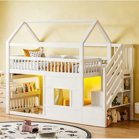 Letto a castello 90x200 cm in legno, con scala, vano portaoggetti e LED, bianco (1/5)
