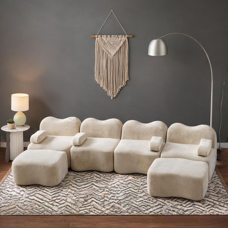 Canapé modulable en velours beige avec 2 poufs 384 x 167 x 70 cm (1/5)