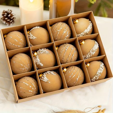 Set of 12 Christmas Decorations: 6 cm Shiny Flocked Baubles, Christmas Tree Ornaments, DIY Hanging Decorations (1/5)