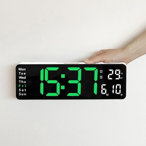 White case, green face, 13 inches. Large digital wall clock with adjustable LED brightness display.