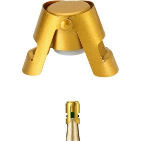 Tappo per champagne in 3 pezzi, realizzato in acciaio inox color oro con guarnizione in silicone. A tenuta stagna e riutilizzabile, ideale per Prosecco e spumanti. (1/4)