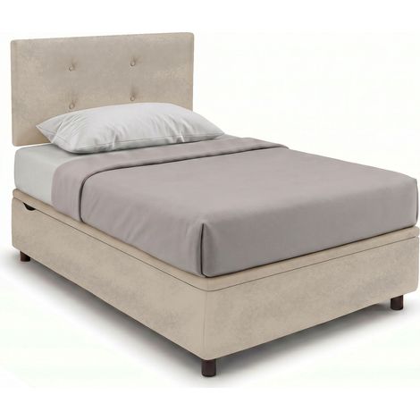 Letto Singolo Contenitore Imbottito 80x190 cm Microfibra Sabbia BoxMax Testata Button (1/5)