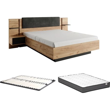 Letto con comodini 140 x 190 cm Con LED Naturale e Antracite + Rete a doghe + Materasso - ELYNIA (1/5)