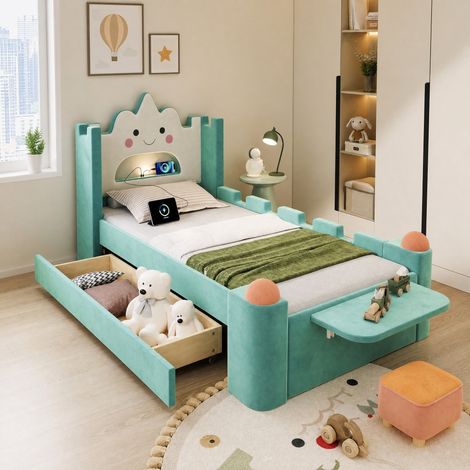 Cama infantil 90 x 200 cm azul verdoso con lámpara de lectura y USB DESVIAE (1/5)