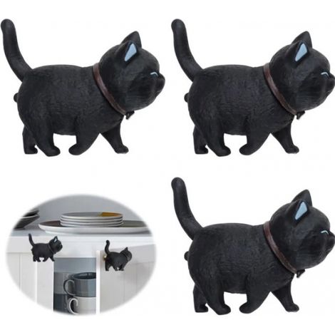 Türknauf, Möbelgriff in Katzenform, weicher Gummi, PVC, schwarzer Katzenkopf, drehbar, 3 Stück