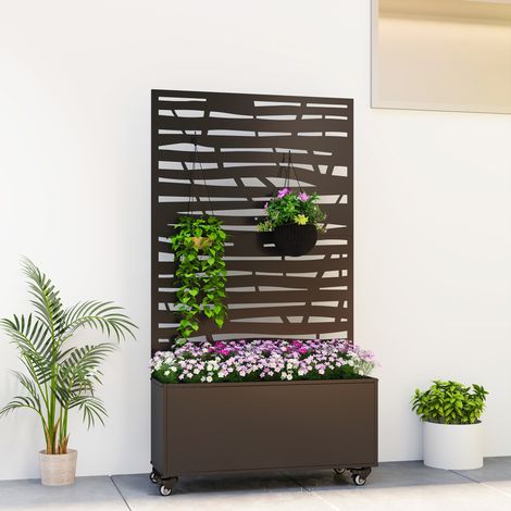 Jardinière avec treillis, bac à fleurs en métal avec brise-vue et roues, treillis découpé en lattes, 90x30x160cm, noir (1/5)