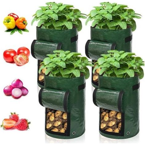 Set mit 4 Pflanzsäcken für Kartoffeln, Karotten, Tomaten, Gurken und anderes Gemüse. Hergestellt aus umweltfreundlichem Polyethylen. (1/4)