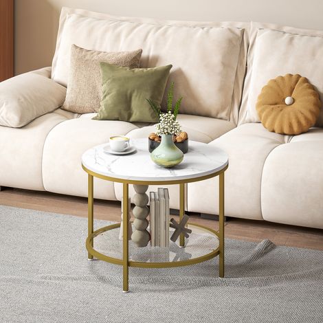 Mesa de centro redonda moderna de 2 niveles, tablero con efecto mármol y estante de vidrio templado, Ø 60 x 45 cm, blanco y dorado. (1/5)