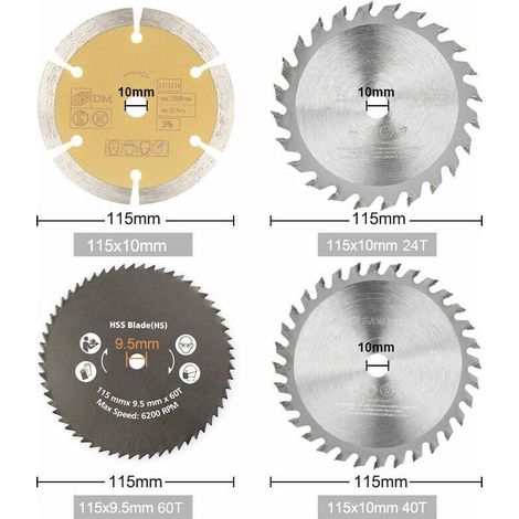Kreissägeblatt – 115 mm – 24 Zähne Hartmetall – 60 Zähne Hartmetall – 60er Körnung Diamant – Für Holz und Nichteisenmetalle – 4er-Pack (1/5)