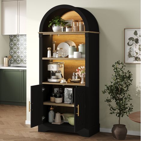 Credenza alta nera con ripiano regolabile e illuminazione LED, 76,2 x 40,1 x 180 cm (1/5)