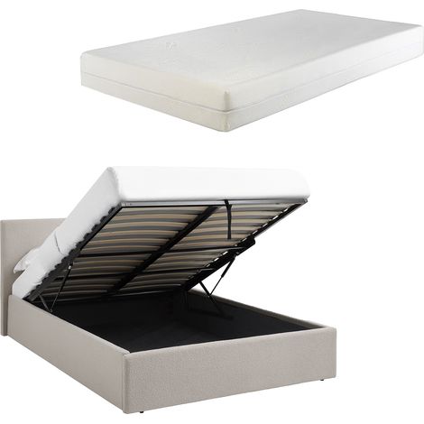 TEDDY BOUCLE 4FT Small Double Beige Ottoman Storage Bed Gas Lift Up with 25cm Memory Foam Mattress