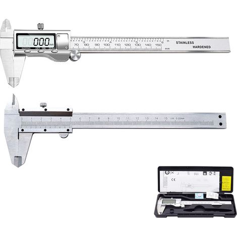 Calibrador Vernier digital de 150 mm, pantalla LCD grande, precisión ajustable, con batería de repuesto y destornillador. (1/5)