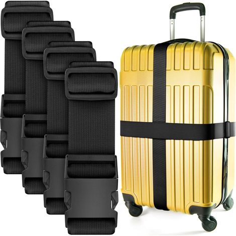 Lot de 4 sangles à bagages, sangles en nylon, accessoires de voyage, longueur réglable de 2 mètres, convient aux valises de 20 à 32 pouces, noir. (1/5)