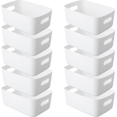 Lot de 10 boîtes rangement en plastique panier avec poignées - 24 x 17 cm Pour armoire cuisine, salle bain, étagère bureau organisatrices Blanc 24x17x10cm (1/5)