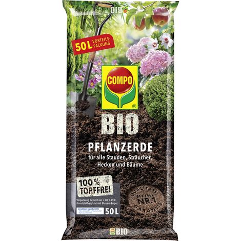 COMPO BIO Pflanzerde für Garten- und Zierpflanzen, Sträucher, Büsche und Gehölze, Torffrei, Kultursubstrat, 50 Ltr (1/4)