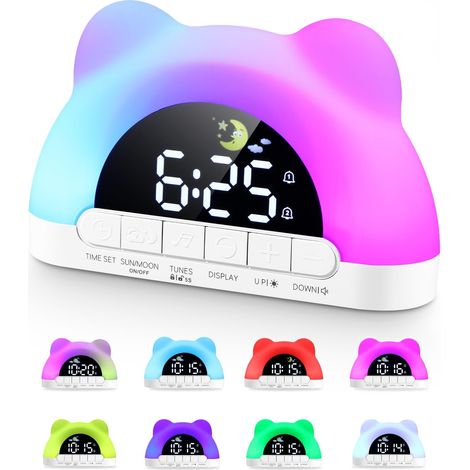 Réveil Enfant Éducatif Jour/Nuit, Horloge Enfant, Réveil Lumineux 10 Sons, 11 Couleurs RGB, 2 Réveils (1/5)