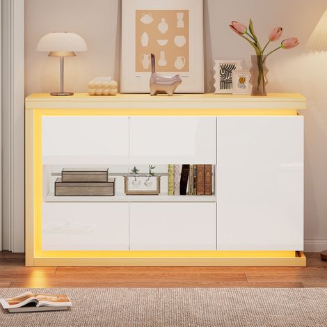 Buffet salon 140x40x84cm moderne 4 espaces de rangement, éclairage LED, portes verre trempé brillant pour salon couloir bureau - Blanc (1/5)