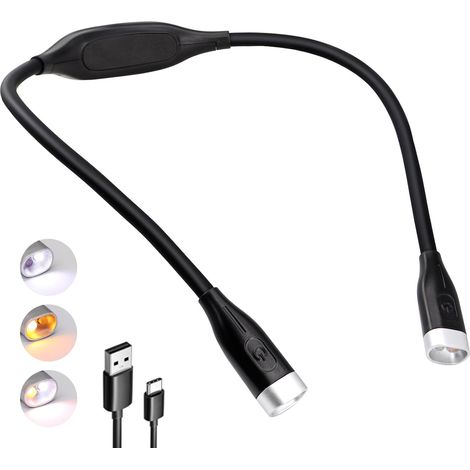 Lampe de lecture rechargeable, 3 températures de couleur et 6 niveaux de luminosité, bras flexibles en silicone, durée de 90 heures, lumière mains libres pour lire au lit, tricoter, bricoler (1/5)