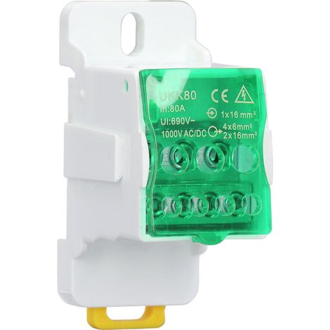 Boîte de distribution à bornier sur rail DIN 690 V 80 A, avec bornes de jonction en laiton pour conducteurs épissables, pour appareils électroménagers (vert). (1/5)