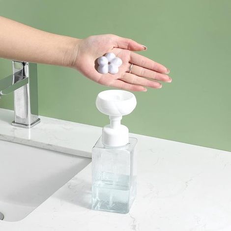 Juego de 2 botellas vacías de 450 ml con dosificador，Botellas de espuma de plástico rellenables，Dispensador de líquidos para limpieza y viajes (1/5)