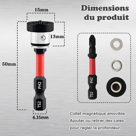 Set mit 2 magnetischen 1/4"-PH2-Bits für Placo – Positionierschraubendreher-Bit für Gips und Trockenbau – 50 mm (1/5)