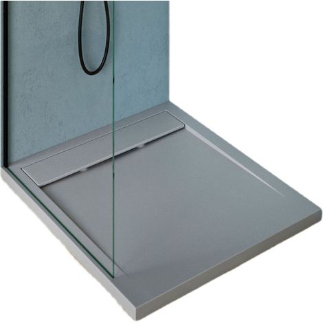BERNSTEIN - Receveur de douche fonte minérale, Bac à douche antidérapant Salle de bain, Pente écoulement et évacuation, Bords surelevés Avec système d'évacuation type B, Béton, 100x90cm
