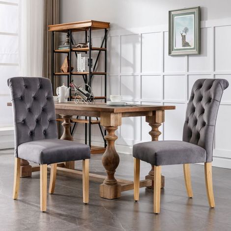 Chaise de Salle à Manger Lot de 2 velours gris pieds en chêne dossier à bouton tirette chromée (1/5)