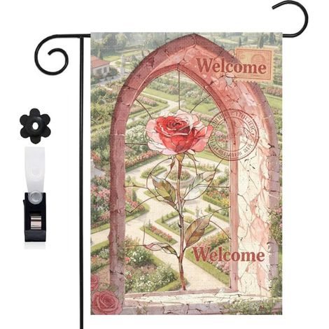 Drapeau vertical arche gothique et rose rouge 30 x 45 cm décoration saisonnière cour (1/5)