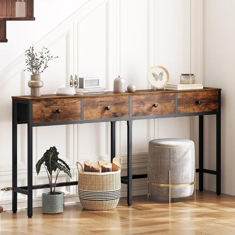 Table Console Étroite et Longue, Bout de Canapé de 160 cm, Table d'Entrée avec 4 Tiroirs en Tissu, pour Salon, Entrée, Couloir, Marron Rustique et Noir, XCT40BR (1/5)