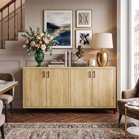 Creahappy Buffet Enfilade 160x35x80 cm, 4 Portes avec Étagères Réglables, Meuble de Rangement Salon Salle à Manger, Bois et Métal Noir (1/5)