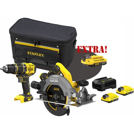 Kit Trapano Avvitatore con percussione Brushless a batteria 18V V20 SFMCD721B + Sega circolare a batteria 18V Brushless V20 SFMCS550B + Set energia + EXTRA OMAGGI FATMAXB. STANLEY