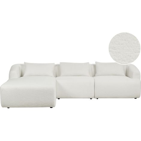 Sofá esquinero minimalista moderno derecho tapizado de bouclé cojines adicionales 3 plazas blanco Svansele