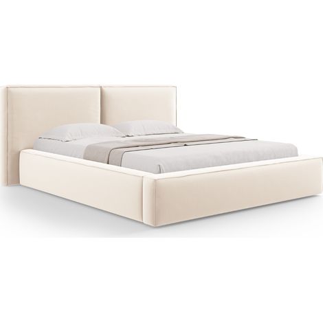 Lit coffre avec tête de lit double 200x200cm velours beige clair (1/5)