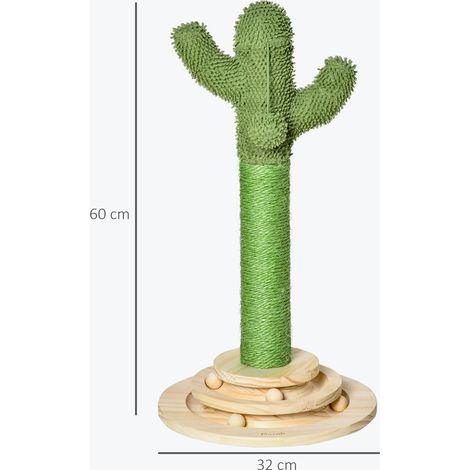 Arbre à chat de 60 cm de haut, en forme de cactus, avec corde en sisal, balle de jeu, balle en bois et plateforme. Vert et naturel. (1/5)