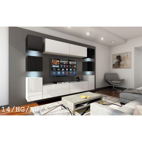 Ensemble meuble TV CONCEPT 14-14-HG-BW-56 blanc-noir brillant 256 cm