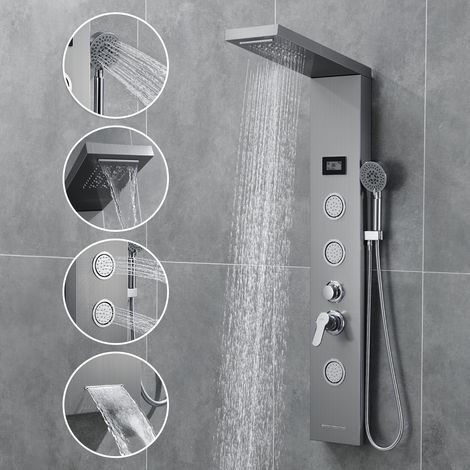 Panel de Ducha de Acero Inoxidable Cepilla, 5 Functiones Columna de Ducha Hidromasaje con LEDs Luces, Ducha de lluvia, Ducha de Mano, Cascada, Ducha de Masaje(SPA)