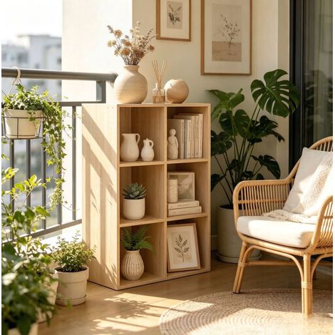 Estantería de Cubos Abierta, 6 Compartimentos, Montaje Horizontal o Vertical, para Oficina, Salón, Dormitorio, Roble (1/3)