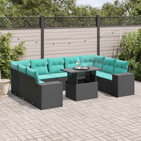 10-teiliges Gartensofa-Set mit Kissen, schwarzes Polyrattan (1/5)