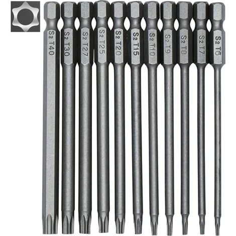 Jeu de 11 embouts longs Torx pour tournevis et visseuse électrique - Embouts magnétiques - Tige hexagonale de 1/4" - Tailles T6 à T40 - Longueur 100 mm (1/5)