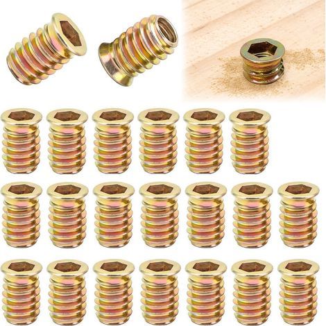 20 Pcs Insert Fileté Bois M8x13mm Écrous à Visser Insert Bois M8 Manchons à Visser M8 Galvanisés pour Panneaux de Fibres,Contreplaqué et Meubles en Bois,Inserts Hexagonaux pour Meubles en Bois (1/4)
