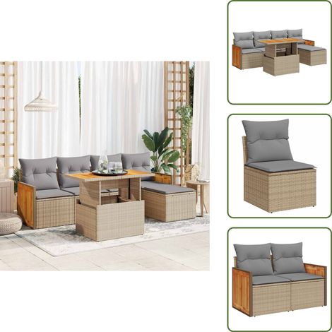 6-tlg. Garten-Sofagarnitur mit Kissen Beige Poly Rattan Akazie - Garten Sofagarnitur - Garten Sofagarnituren - Outdoor Sofagarnitur - Sofagarnitur Terrasse (1/5)