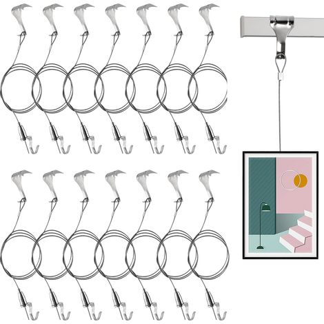Kit de suspension de photos 16 pièces avec crochets réglables en acier inoxydable - Corde métallique professionnelle pour mur photo, exposition, galerie d'art (1 m, petit crochet)