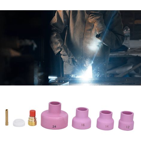 7-teiliges Zubehörset für WIG-Schweißbrenner: Keramikdüsenbecher + Elektrodenklemme + Anschlussstück + PTFE-Frontabdeckung, geeignet für WP9/20/25 Schweißbrenner. (1/5)