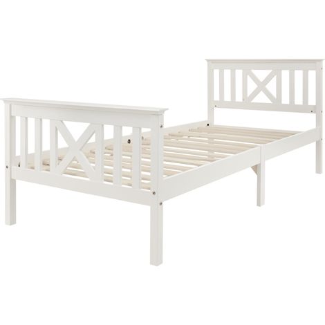 Lit Simple 90Ă—200 cm, 1 Place avec TĂŞte de Lit en X, sans Matelas, en Bois Massif, Blanc (1/5)