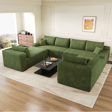 Divano angolare modulare 8 posti verde in velluto a coste, schiuma ad alta resilienza, senza attrezzi, 302x242 cm (1/5)