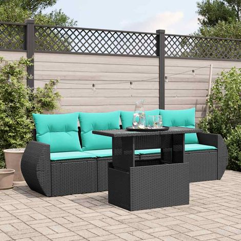 5-teiliges Gartensofa-Set mit Kissen, schwarzes Polyrattan (1/5)