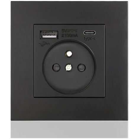 Französisches Typ-C + USB16A Typ 86-Steckdosenfeld, Anzahl der Steckdosen: 2 Löcher, Anzahl der USB-Anschlüsse: 1, Anzahl der Typ-C-Anschlüsse: 1, sicher und fest (schwarzes Quadrat)