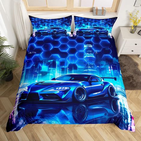 Voiture de Course Bleue Ensemble de literie Enfants Sports extrêmes Housse de Couette 140x200cm pour Garçons Filles, néon Peigne d'miel Parure de Lit Microfibre légère Douce (1/5)