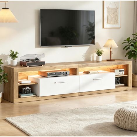 Meuble TV 180x35.5x50 cm naturel en panneaux de particules avec LED contrôlée par application (1/5)